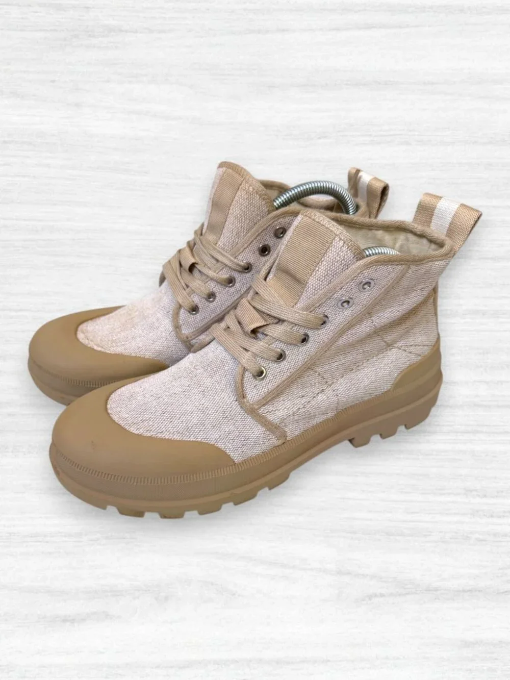 Zara Canvas Lug Sole Hiking Boots Shoes Beige Tan EU 39 US 8 Lace Up Ankle